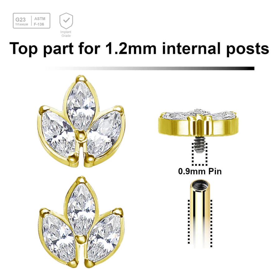 Pack of 5 Gold PVD plated Titanium internally threaded labret tops with a leaf shaped top with 3 marquis cut prong set CZ stones - G23 ASTM F-136 implant grade titanium body jewelry