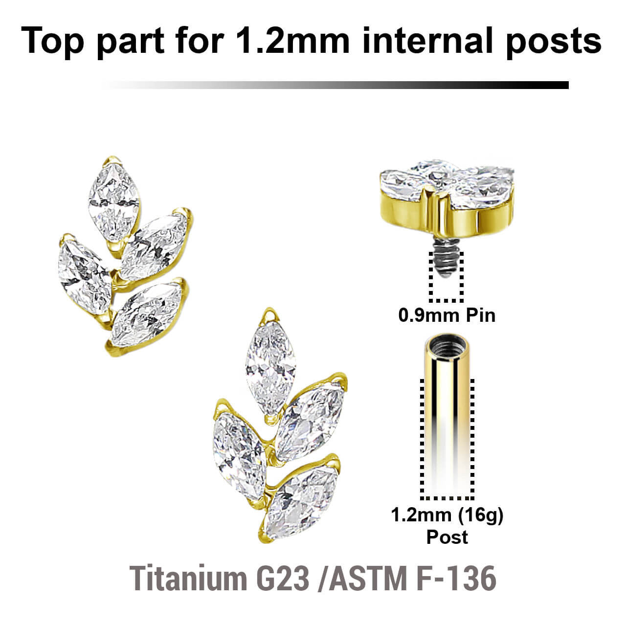 Pack of 5 Gold PVD plated Titanium internally threaded labret tops with a leaf shaped top with 4 marquis cut prong set CZ stones