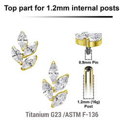 Pack of 5 Gold PVD plated Titanium internally threaded labret tops with a leaf shaped top with 4 marquis cut prong set CZ stones