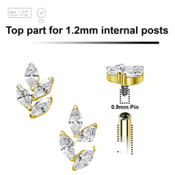 Pack of 5 Gold PVD plated Titanium internally threaded labret tops with a leaf shaped top with 4 marquis cut prong set CZ stones - G23 ASTM F-136 implant grade titanium body jewelry