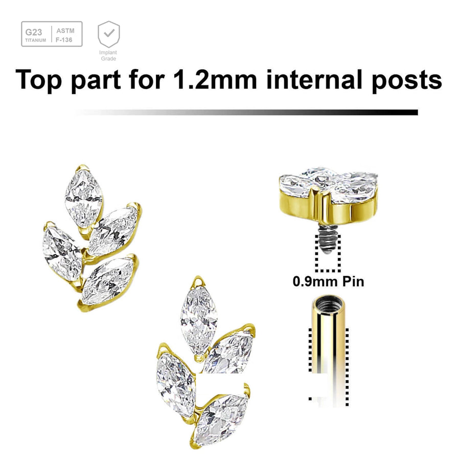 Pack of 5 Gold PVD plated Titanium internally threaded labret tops with a leaf shaped top with 4 marquis cut prong set CZ stones - G23 ASTM F-136 implant grade titanium body jewelry