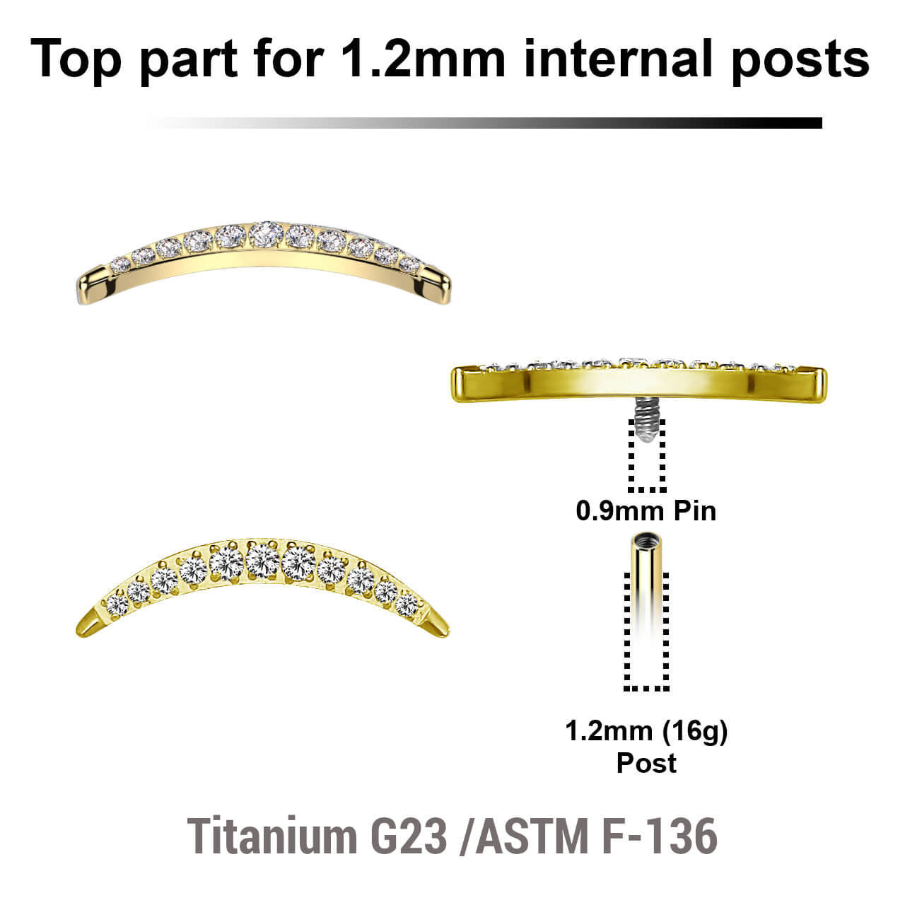 Pack of 5 Gold PVD plated Titanium internally threaded labret tops in crescent moon shape with CZ stones