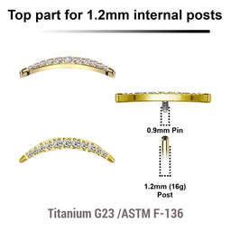 Pack of 5 Gold PVD plated Titanium internally threaded labret tops in crescent moon shape with CZ stones