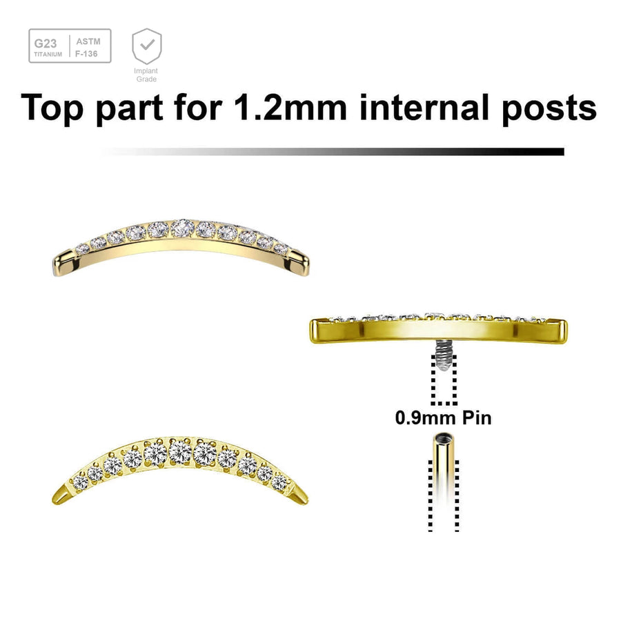 Pack of 5 Gold PVD plated Titanium internally threaded labret tops in crescent moon shape with CZ stones - G23 ASTM F-136 implant grade titanium body jewelry