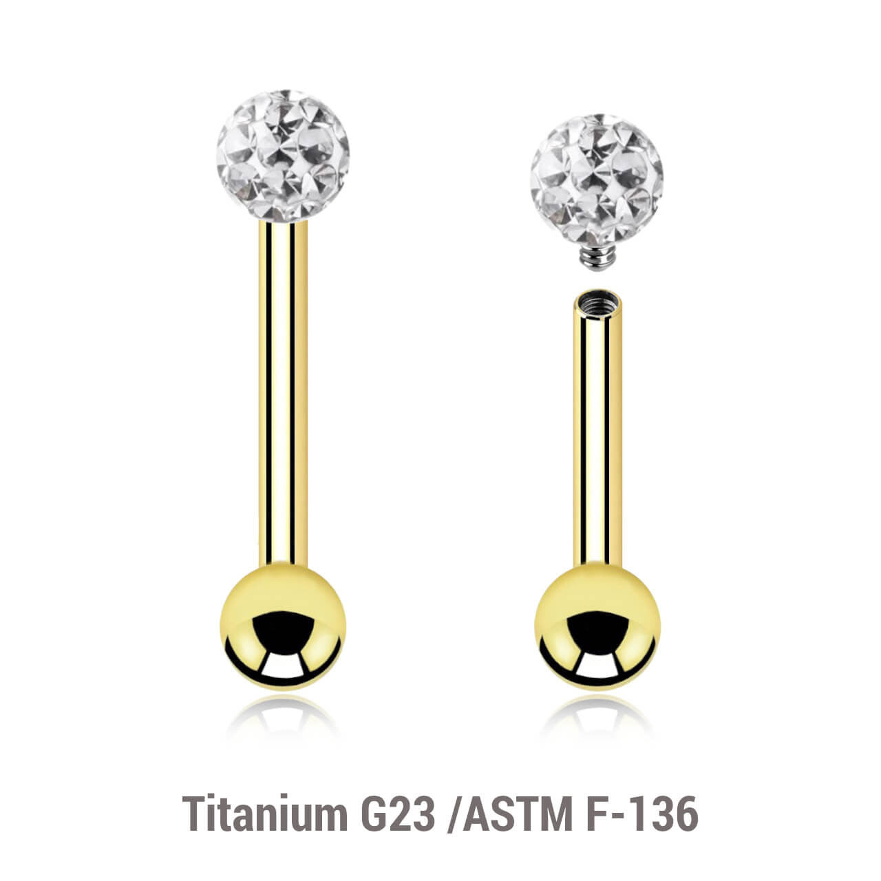 Pack of 5 Gold PVD plated titanium internally threaded tragus barbells, Thickness 1.2mm, with a top 3mm multi-crystal ball with epoxy resin cover and a lower 3mm plain ball