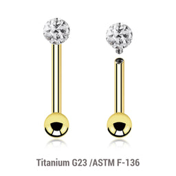 Pack of 5 Gold PVD plated titanium internally threaded tragus barbells, Thickness 1.2mm, with a top 3mm multi-crystal ball with epoxy resin cover and a lower 3mm plain ball