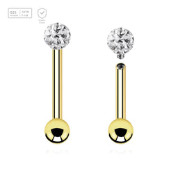 Pack of 5 Gold PVD plated titanium internally threaded tragus barbells, Thickness 1.2mm, with a top 3mm multi-crystal ball with epoxy resin cover and a lower 3mm plain ball - G23 ASTM F-136 implant grade titanium body jewelry