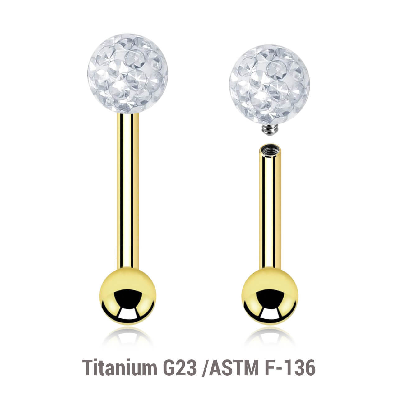 Pack of 5 Gold PVD plated titanium internally threaded tragus barbells, Thickness 1.2mm, with a top 4mm multi-crystal ball with epoxy resin cover and a lower 3mm plain ball