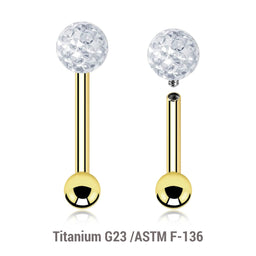 Pack of 5 Gold PVD plated titanium internally threaded tragus barbells, Thickness 1.2mm, with a top 4mm multi-crystal ball with epoxy resin cover and a lower 3mm plain ball