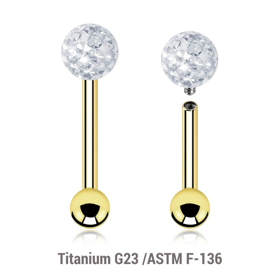 Pack of 5 Gold PVD plated titanium internally threaded tragus barbells, Thickness 1.2mm, with a top 4mm multi-crystal ball with epoxy resin cover and a lower 3mm plain ball