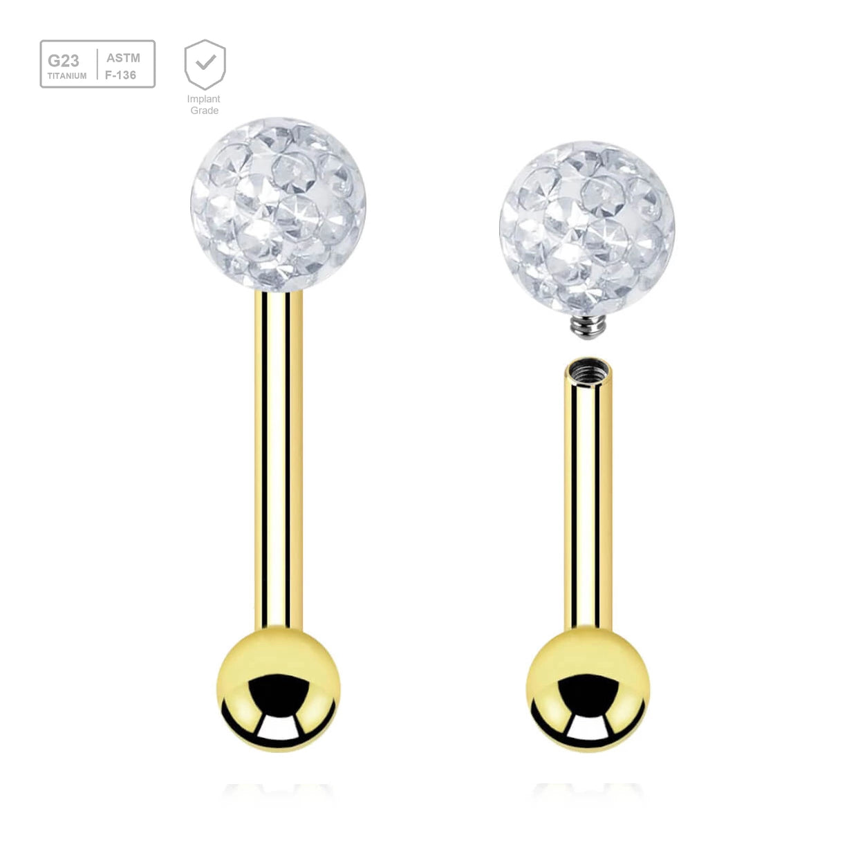 Pack of 5 Gold PVD plated titanium internally threaded tragus barbells, Thickness 1.2mm, with a top 4mm multi-crystal ball with epoxy resin cover and a lower 3mm plain ball - G23 ASTM F-136 implant grade titanium body jewelry