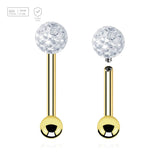 Pack of 5 Gold PVD plated titanium internally threaded tragus barbells, Thickness 1.2mm, with a top 4mm multi-crystal ball with epoxy resin cover and a lower 3mm plain ball - G23 ASTM F-136 implant grade titanium body jewelry