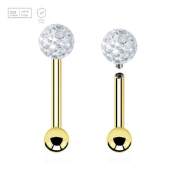 Pack of 5 Gold PVD plated titanium internally threaded tragus barbells, Thickness 1.2mm, with a top 4mm multi-crystal ball with epoxy resin cover and a lower 3mm plain ball - G23 ASTM F-136 implant grade titanium body jewelry