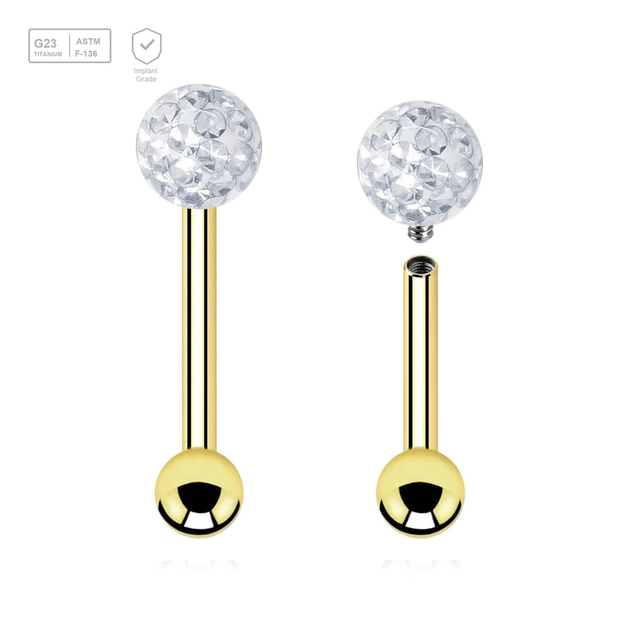 Pack of 5 Gold PVD plated titanium internally threaded tragus barbells, Thickness 1.2mm, with a top 4mm multi-crystal ball with epoxy resin cover and a lower 3mm plain ball - G23 ASTM F-136 implant grade titanium body jewelry