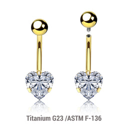 Wholesale pack of 3 Gold PVD titanium internally threaded belly bananas, Thickness 1.6mm, with a lower 8 mm prong set heart CZ stone and a plain 5mm titanium upper ball