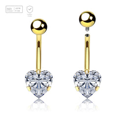 Wholesale pack of 3 Gold PVD titanium internally threaded belly bananas, Thickness 1.6mm, with a lower 8 mm prong set heart CZ stone and a plain 5mm titanium upper ball - G23 ASTM F-136 implant grade titanium body jewelry