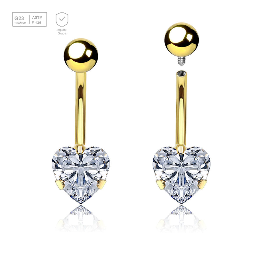 Wholesale pack of 3 Gold PVD titanium internally threaded belly bananas, Thickness 1.6mm, with a lower 8 mm prong set heart CZ stone and a plain 5mm titanium upper ball - G23 ASTM F-136 implant grade titanium body jewelry