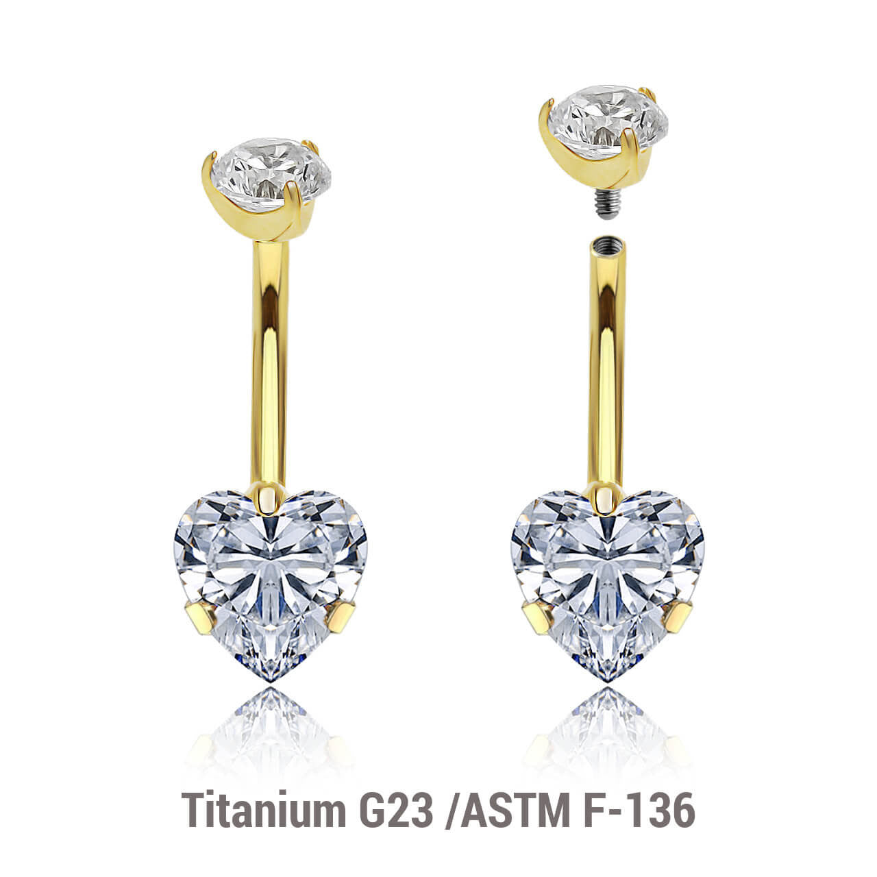 Wholesale pack of 3 Gold PVD titanium internally threaded belly bananas, Thickness 1.6mm, with a lower 8mm prong set heart CZ and a upper 5mm prong set round CZ