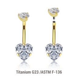 Wholesale pack of 3 Gold PVD titanium internally threaded belly bananas, Thickness 1.6mm, with a lower 8mm prong set heart CZ and a upper 5mm prong set round CZ
