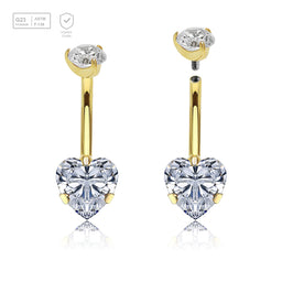 Wholesale pack of 3 Gold PVD titanium internally threaded belly bananas, Thickness 1.6mm, with a lower 8mm prong set heart CZ and a upper 5mm prong set round CZ - G23 ASTM F-136 implant grade titanium body jewelry