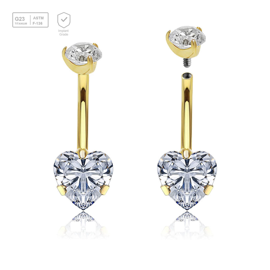 Wholesale pack of 3 Gold PVD titanium internally threaded belly bananas, Thickness 1.6mm, with a lower 8mm prong set heart CZ and a upper 5mm prong set round CZ - G23 ASTM F-136 implant grade titanium body jewelry
