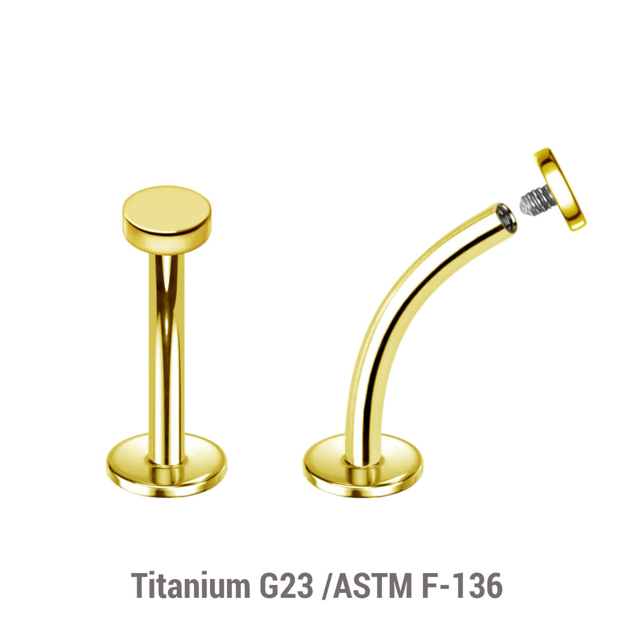 Pack of 5 Gold PVD plated titanium internally threaded curved labrets, Thickness 1.2mm, with 3mm flat round disk tops
