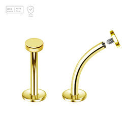Pack of 5 Gold PVD plated titanium internally threaded curved labrets, Thickness 1.2mm, with 3mm flat round disk tops - G23 ASTM F-136 implant grade titanium body jewelry
