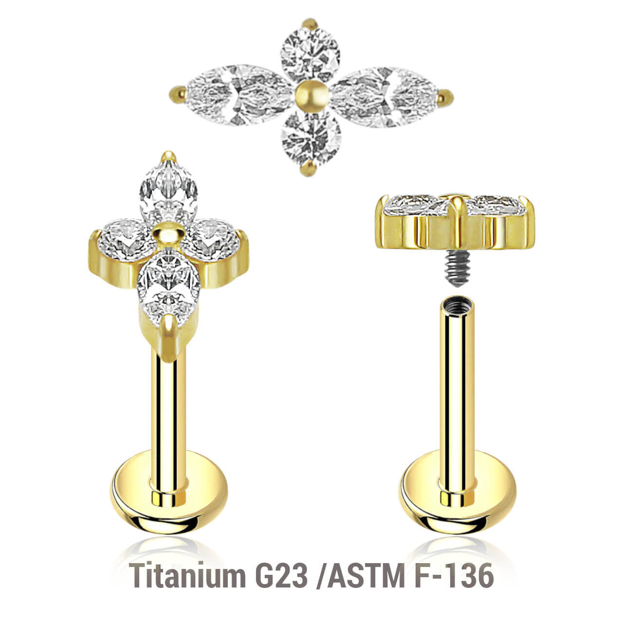 Pack of 5 high 5 gold PVD plated titanium internally threaded labrets, Thickness 1.2mm, with a top with 2 round and 2 marquis prong set CZ stones