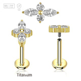 Pack of 5 high 5 gold PVD plated titanium internally threaded labrets, Thickness 1.2mm, with a top with 2 round and 2 marquis prong set CZ stones - G23 ASTM F-136 implant grade titanium body jewelry