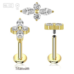 Pack of 5 high 5 gold PVD plated titanium internally threaded labrets, Thickness 1.2mm, with a top with 2 round and 2 marquis prong set CZ stones - G23 ASTM F-136 implant grade titanium body jewelry