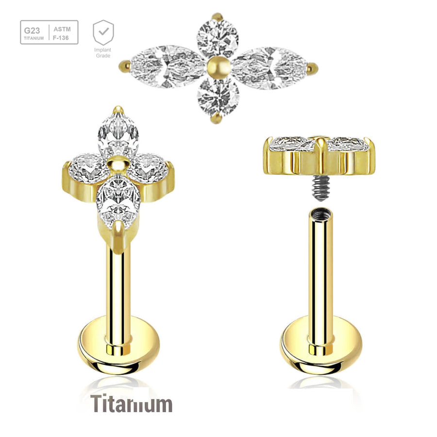 Pack of 5 high 5 gold PVD plated titanium internally threaded labrets, Thickness 1.2mm, with a top with 2 round and 2 marquis prong set CZ stones - G23 ASTM F-136 implant grade titanium body jewelry