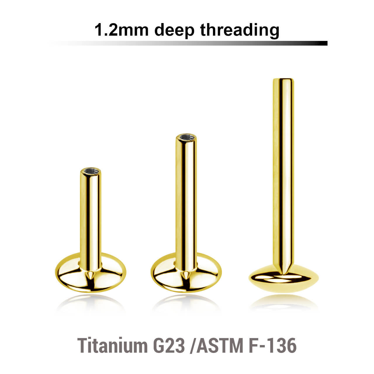 Pack of 5 PVD plated titanium internally threaded UFO labret posts with 4mm convex base plate, thickness 1.2mm