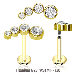 Pack of 5 Gold PVD plated titanium internally threaded labrets, Thickness 1.2mm, with elongated top with 4 bezel set CZ stones