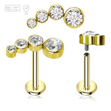 Pack of 5 Gold PVD plated titanium internally threaded labrets, Thickness 1.2mm, with elongated top with 4 bezel set CZ stones - G23 ASTM F-136 implant grade titanium body jewelry