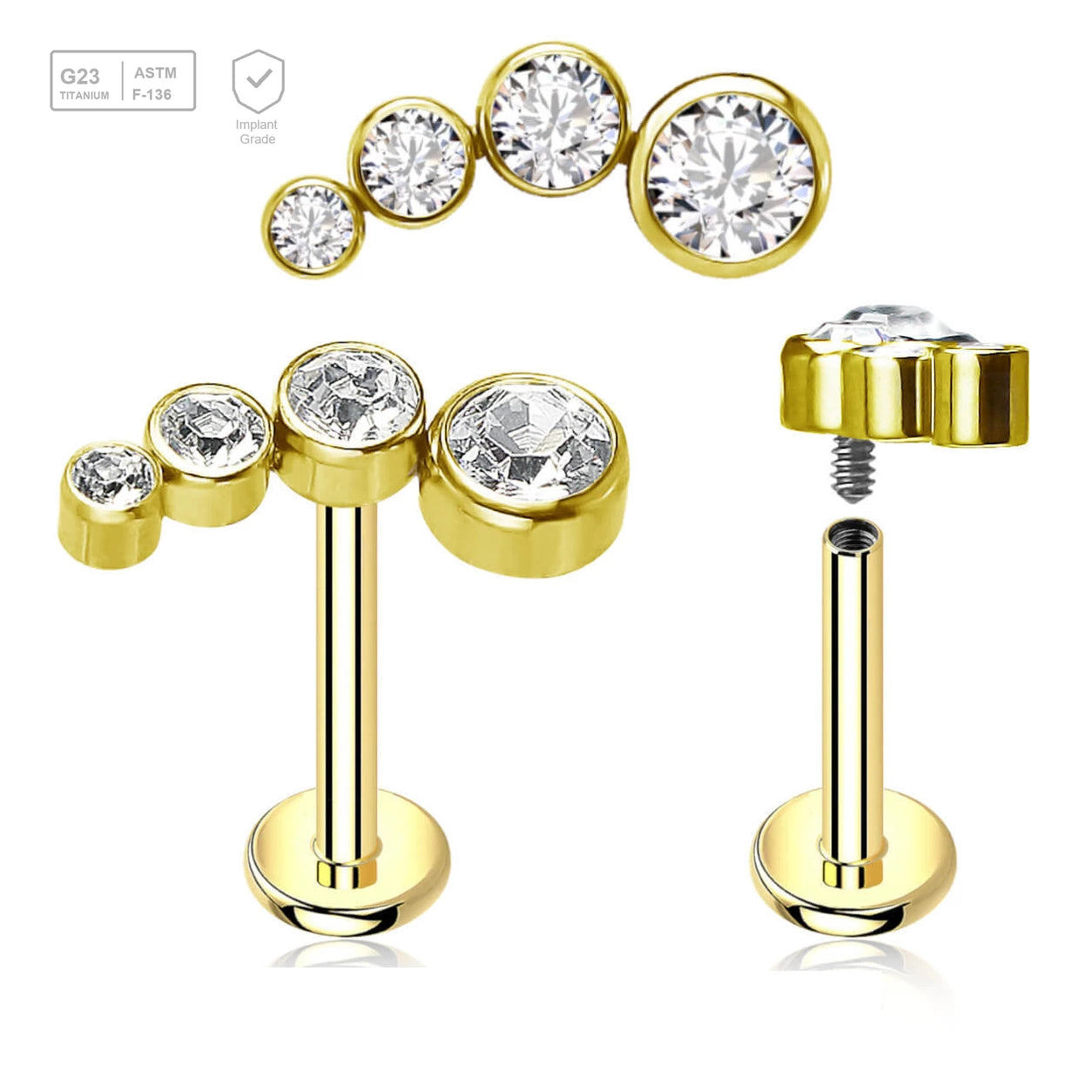 Pack of 5 Gold PVD plated titanium internally threaded labrets, Thickness 1.2mm, with elongated top with 4 bezel set CZ stones - G23 ASTM F-136 implant grade titanium body jewelry