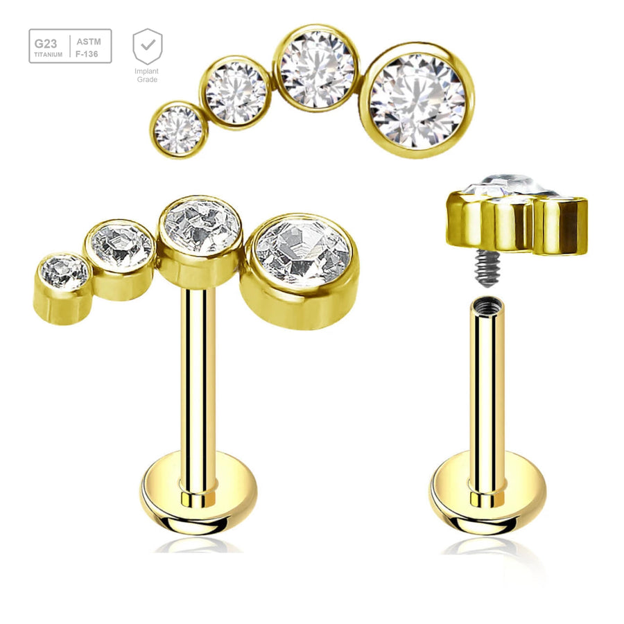 Pack of 5 Gold PVD plated titanium internally threaded labrets, Thickness 1.2mm, with elongated top with 4 bezel set CZ stones - G23 ASTM F-136 implant grade titanium body jewelry