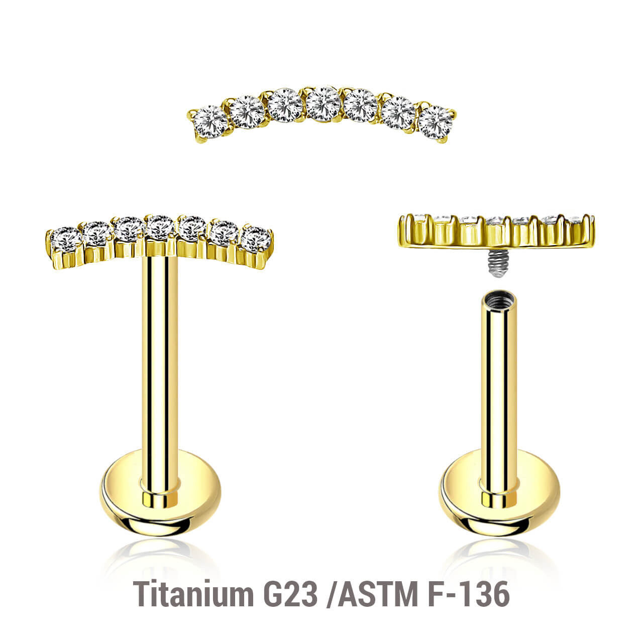 Pack of 5 Gold PVD plated titanium internally threaded labrets, Thickness 1.2mm, with a CZ studded curved top