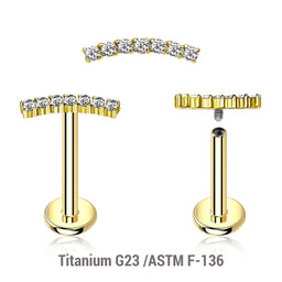 Pack of 5 Gold PVD plated titanium internally threaded labrets, Thickness 1.2mm, with a CZ studded curved top
