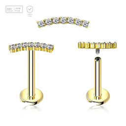 Pack of 5 Gold PVD plated titanium internally threaded labrets, Thickness 1.2mm, with a CZ studded curved top - G23 ASTM F-136 implant grade titanium body jewelry
