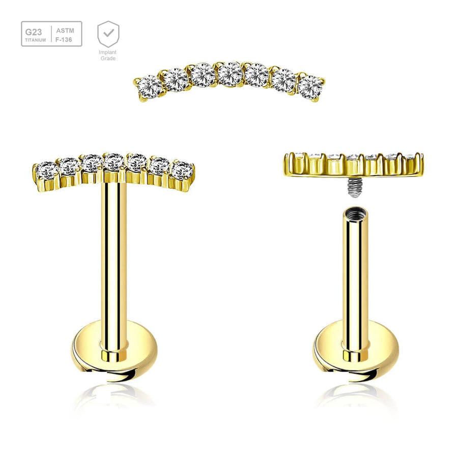 Pack of 5 Gold PVD plated titanium internally threaded labrets, Thickness 1.2mm, with a CZ studded curved top - G23 ASTM F-136 implant grade titanium body jewelry