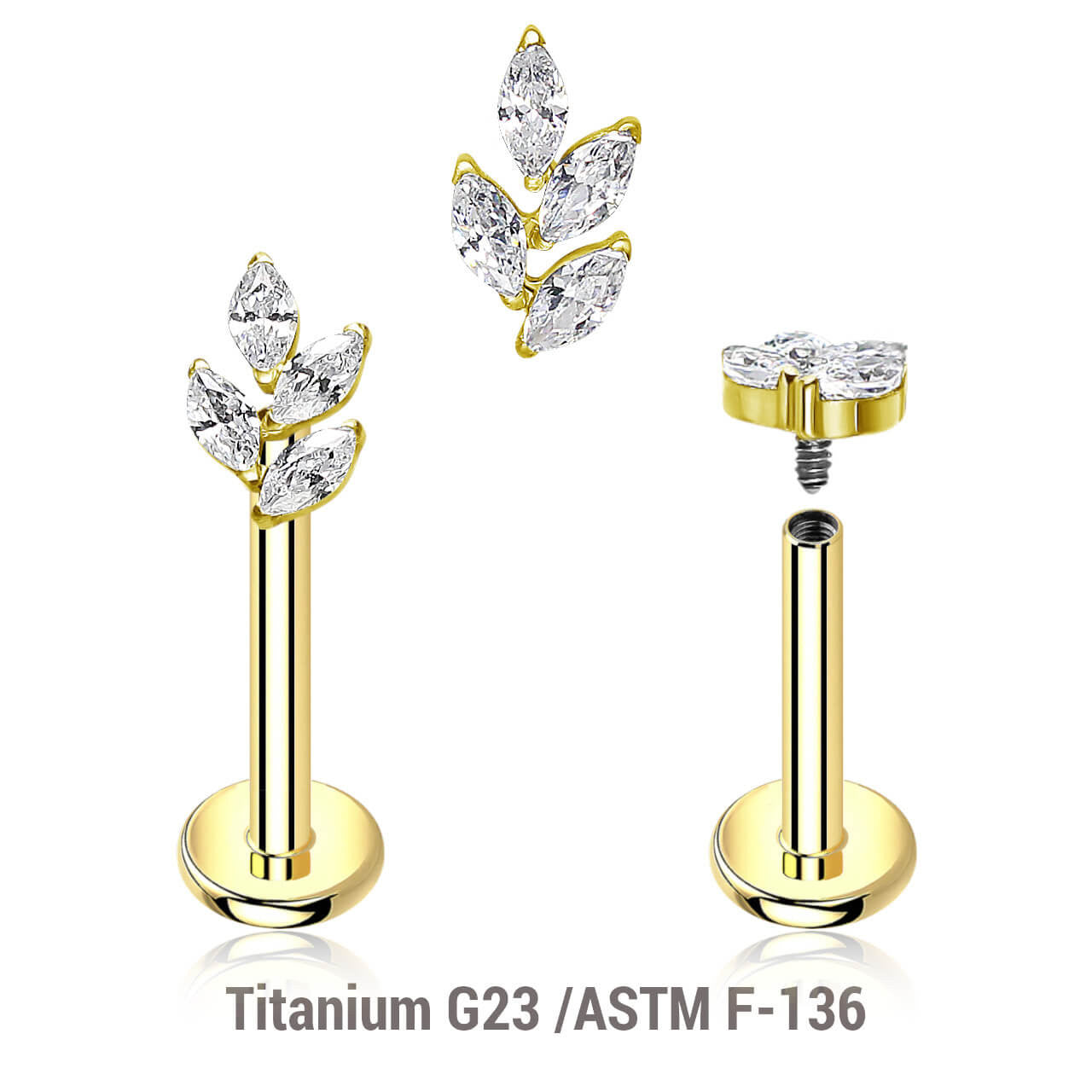 Pack of 5 Gold PVD plated titanium internally threaded labrets, Thickness 1.2mm, with a leaf shaped top with 4 marquis cut prong set CZ stones