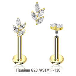 Pack of 5 Gold PVD plated titanium internally threaded labrets, Thickness 1.2mm, with a leaf shaped top with 4 marquis cut prong set CZ stones