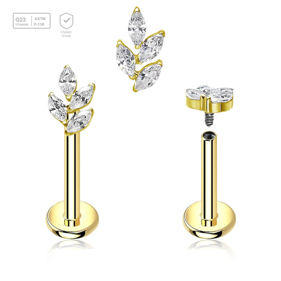 Pack of 5 Gold PVD plated titanium internally threaded labrets, Thickness 1.2mm, with a leaf shaped top with 4 marquis cut prong set CZ stones - G23 ASTM F-136 implant grade titanium body jewelry