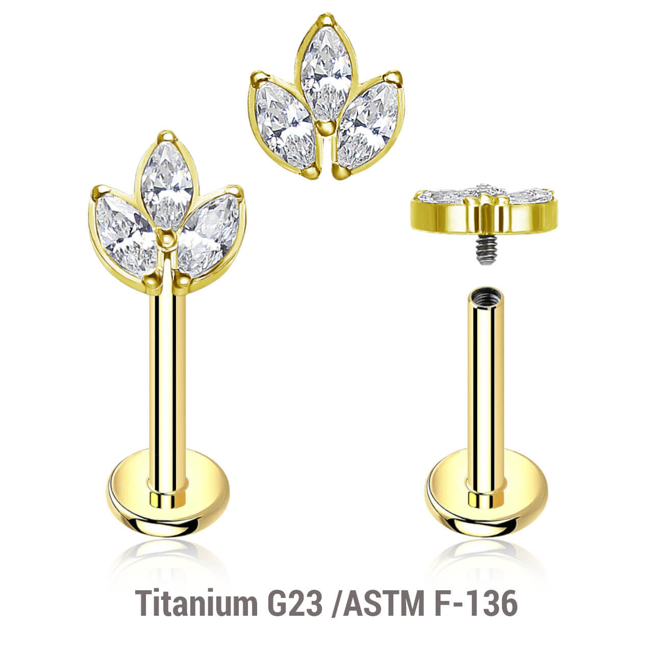 Pack of 5 Gold PVD plated titanium internally threaded labrets, Thickness 1.2mm, with a leaf shaped top with 3 marquis cut prong set CZ stones