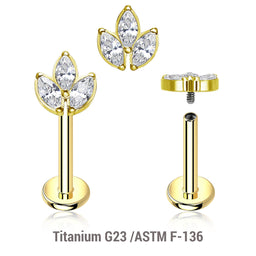 Pack of 5 Gold PVD plated titanium internally threaded labrets, Thickness 1.2mm, with a leaf shaped top with 3 marquis cut prong set CZ stones