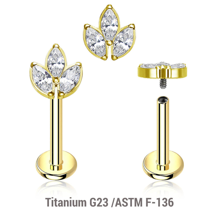 Pack of 5 Gold PVD plated titanium internally threaded labrets, Thickness 1.2mm, with a leaf shaped top with 3 marquis cut prong set CZ stones