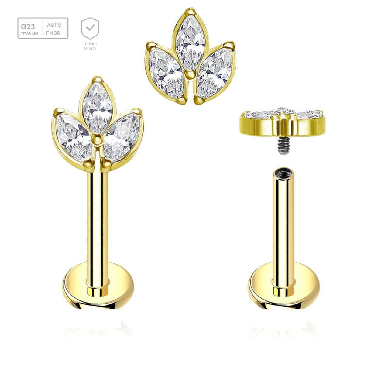 Pack of 5 Gold PVD plated titanium internally threaded labrets, Thickness 1.2mm, with a leaf shaped top with 3 marquis cut prong set CZ stones - G23 ASTM F-136 implant grade titanium body jewelry