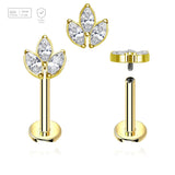Pack of 5 Gold PVD plated titanium internally threaded labrets, Thickness 1.2mm, with a leaf shaped top with 3 marquis cut prong set CZ stones - G23 ASTM F-136 implant grade titanium body jewelry