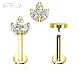 Pack of 5 Gold PVD plated titanium internally threaded labrets, Thickness 1.2mm, with a leaf shaped top with 3 marquis cut prong set CZ stones - G23 ASTM F-136 implant grade titanium body jewelry