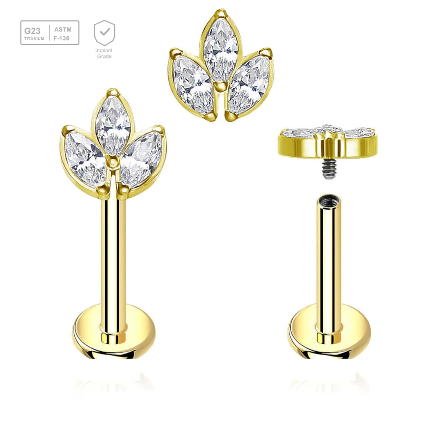 Pack of 5 Gold PVD plated titanium internally threaded labrets, Thickness 1.2mm, with a leaf shaped top with 3 marquis cut prong set CZ stones - G23 ASTM F-136 implant grade titanium body jewelry